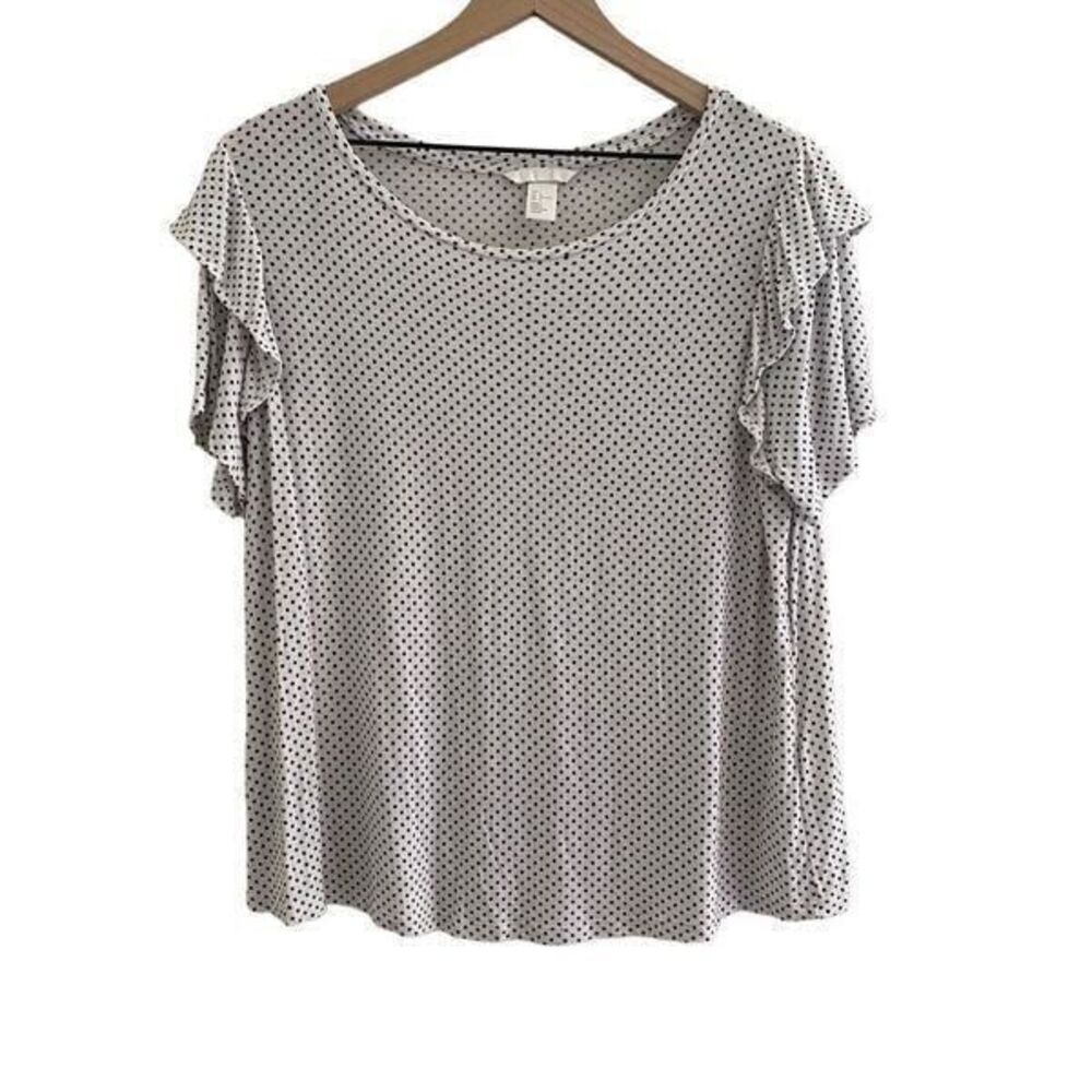 H&M Large White Black Polka Dot Shirt Ruffle Short Sleeves
